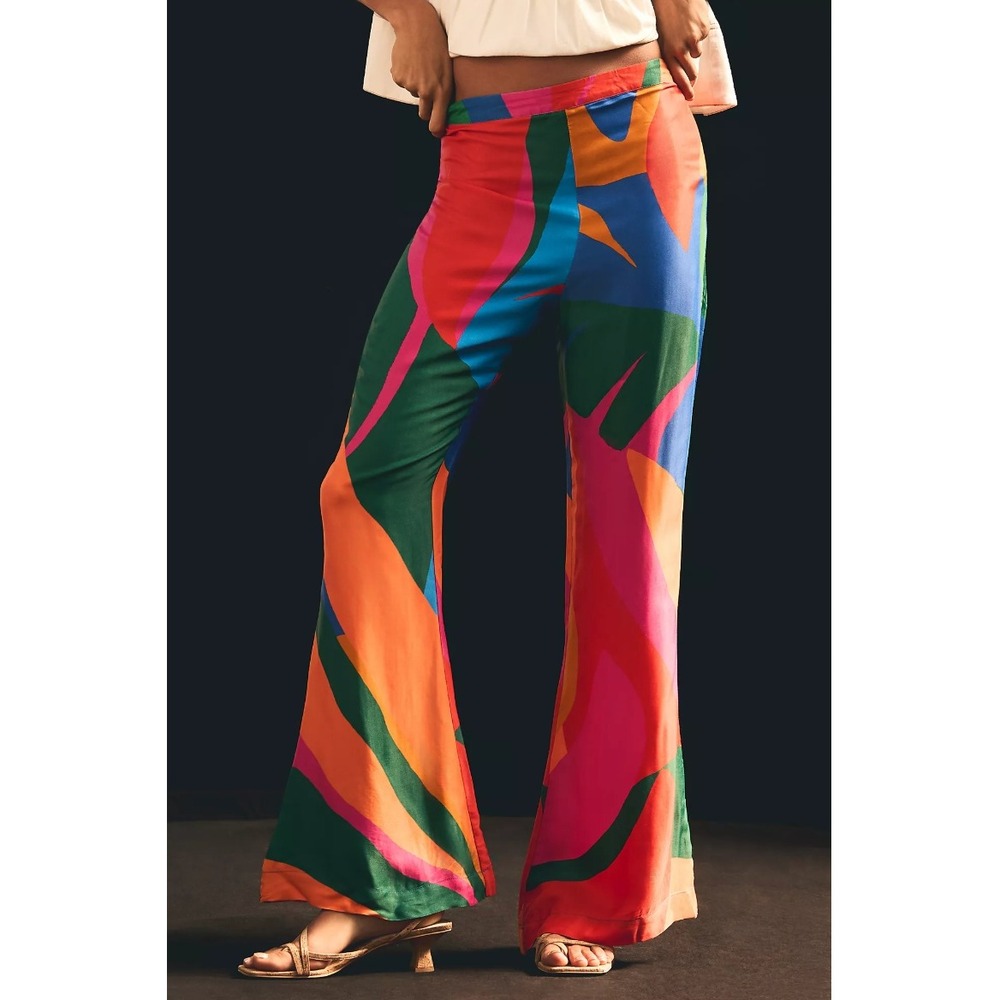 NWT Farm Rio Colorful Leaves Flare Pants M Multicolor Abstract Print Boho Retro